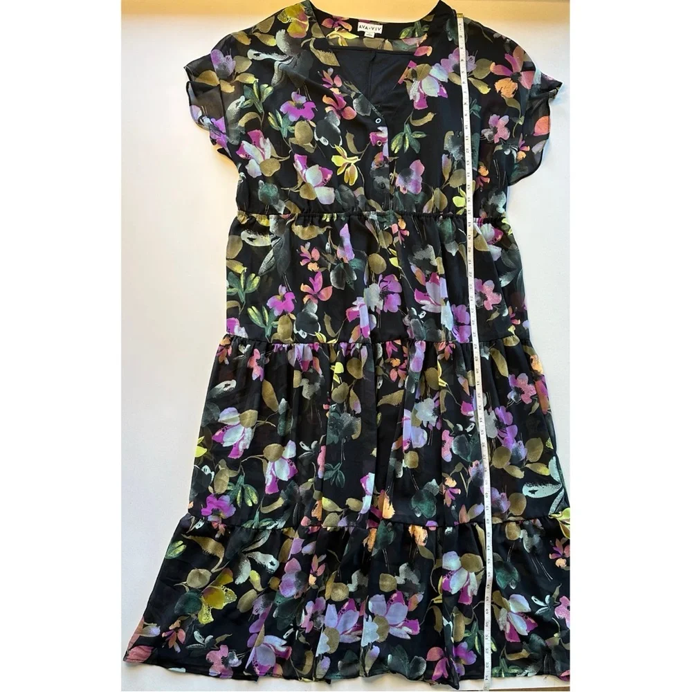 Ava & Viv Women 3X Maxi Dress Black Floral Multi Sheer Tiered Flutter Sleeves - Picture 5 of 14